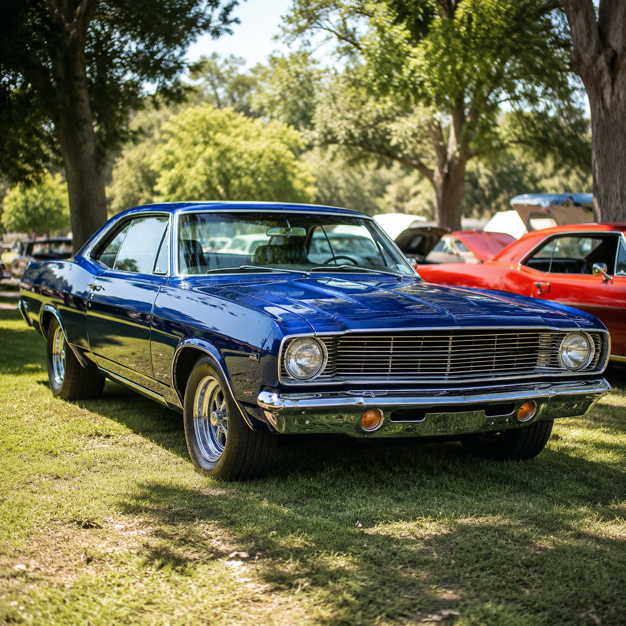 Blue classic car on the grass at Pikes Peak Park